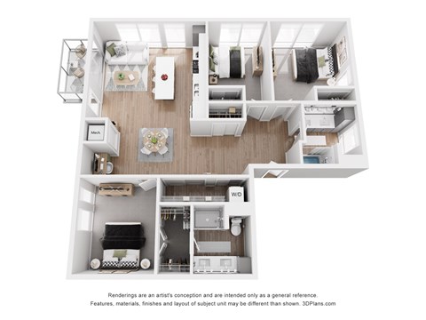 A 3D floor plan of a small apartment with a kitchen, living room, and bedroom.